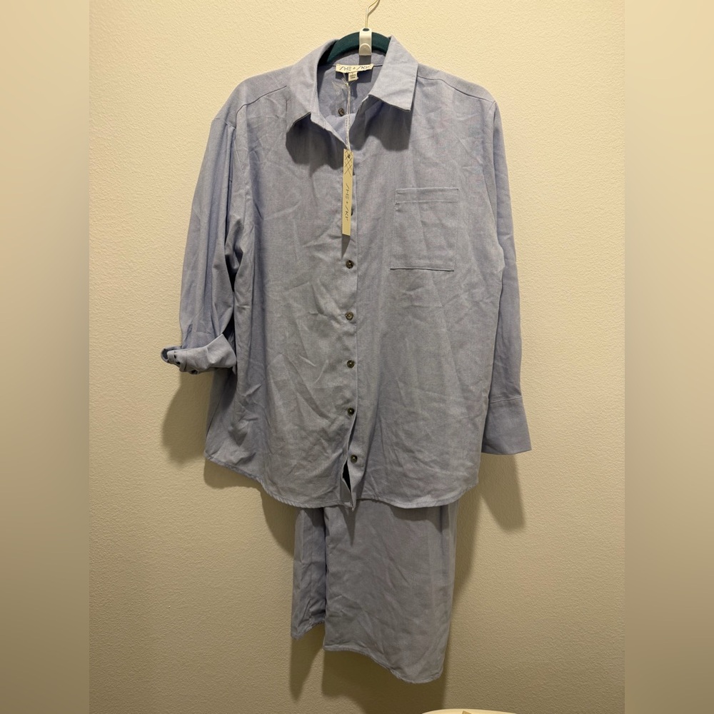 She&Sky Light Blue Linen Blend Relaxed Fit Pant Set Wide leg size M
